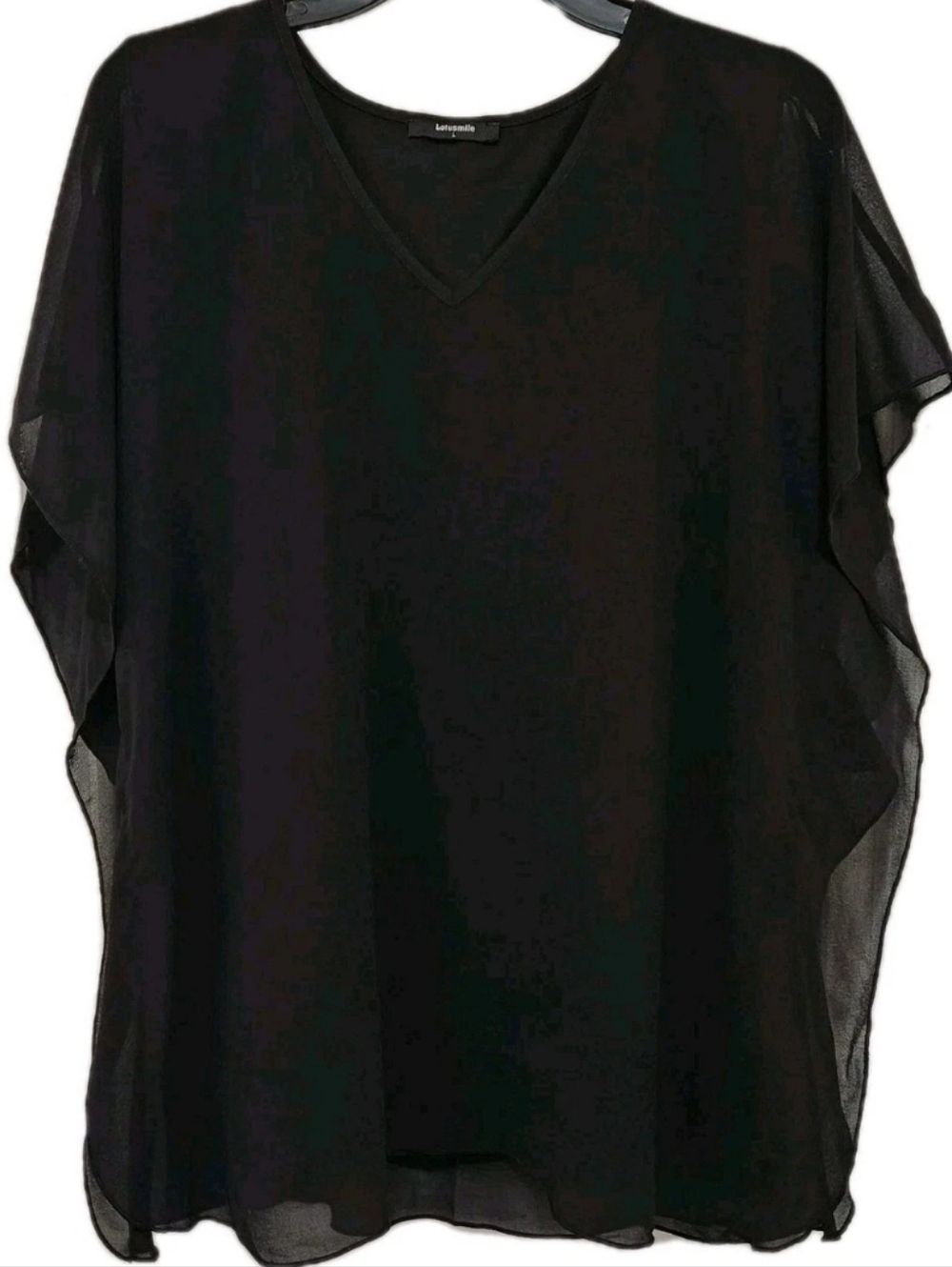 Lotusmile Women's L Chiffon Lined Flutter Sleeve Black Flowy Lightweight Blouse